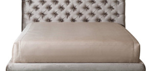 Кровать с решеткой отделка белый блестящий лак, ткань бежевый велюр FB.BD.PL.82