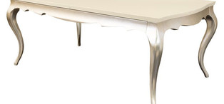 Обеденный стол раздвижной отделка столешница перламутровый кремовый лак, основание серебряное напыление FB.DT.VZ.623